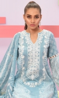 Shirt front: Printed embroidered 1.25 meters  Shirt back: Printed 1.25 meters Dupatta: Chiffon printed 2.5 meters  Sleeves: Printed 1-pair  Trouser: Dyed 2.5 meters