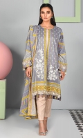 Shirt front: Printed embroidered 1.25 meters Shirt back: Printed 1.25 meters Dupatta: Lawn printed 2.5 meters Sleeves: Printed 1-pair Trouser: Dyed 2.5 meters