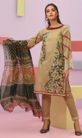 Shirt front: Dyed embroidered 1.25 meters Shirt back: Dyed embroidered 1.25 meters Dupatta: Chiffon printed 2.5 meters Sleeves: Dyed embroidered 1-pair Trouser: Dyed 2.5 meters