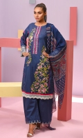 Shirt front: Dyed embroidered 1.25 meters Shirt back: Dyed embroidered 1.25 meters Dupatta: Chiffon printed 2.5 meters Sleeves: Dyed embroidered 1-pair Trouser: Dyed 2.5 meters