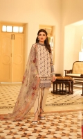 Dupatta: Chiffon Printed 2.5 Meters Shirt Front: Dyed Lawn Emb 1.25 Shirt Back: Dyed Lawn 1.25 Meters Sleeves: Dyed Lawn Emb 1 Pair Trouser: Dyed 2.5 Meters