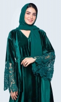 Comes with a matching hijab with lace on the border. Beautiful bell sleeves attached with heavy lacework. Front open style