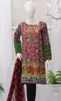 Stylish boat neck camise. Embroidered placket. Full sleeves with embroidered cuff. Chiffon dupatta. Smart length