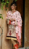 Shawl :	Dyed-Embroidered	2.5 Meters Dupatta : Chiffon-Printed	2.5 Meters Shirt Front :	Dyed-Embroidered	1.25 meters Shirt Back :	Dyed	1.25 meters Sleeves :	Dyed-Embroidered	1 Pair Trouser: Printed	2.5 Meters Panel:	Embroidered	1 Piece Border :	Embroidered	2 Pieces