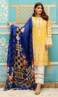 Shirt front: Cotton net embroidered 01-piece Shirt back: Cotton net embroidered 01-piece Sleeves: Cotton net embroidered 01-pair Dupatta: Silk printed 2.5 meters Trouser: Dyed 2.5 meters