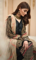 Shirt front: Chiffon embroidered 01-piece Shirt back: Chiffon 01-piece Sleeves: Chiffon embroidered 01-pair Dupatta: Chiffon embroidered 2.5 meters Border Dupatta: embroidered 02-pieces Border: Embroidered 02-pieces Trouser: Dyed 2.5 meters