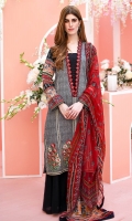 Shirt front: Dyed textured lawn embroidered 1.25 meters Shirt back: Dyed textured lawn 1.25 meters Dupatta: Chiffon printed 2.5 meters Sleeves: Printed lawn 1-pair Trouser: Dyed 2.5 meters