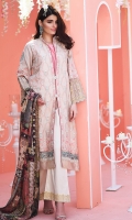 Shirt front: Dyed lawn embroidered 1.25 meters  Shirt back: Jacquard printed 1.25 meters  Dupatta: Silk printed 2.5 meters  Sleeves: Jacquard printed embroidered 1-pair  Trouser: Dyed 2.5 meters