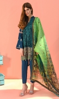 Shirt front: Dyed lawn embroidered 1.25 meters Shirt back: Printed lawn 1.25 meters Dupatta: Silk printed 2.5 meters  Sleeves: Dyed lawn embroidered 1-pair Trouser: Dyed 2.5 meters Border: Embroidered 1-piece