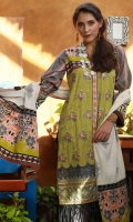 Dupatta : Printed	1 Piece Shirt Front :	Dyed-Embroidered	1.25 meters Shirt Back :	Printed	1.25 meters Sleeves :	Printed	1 Pair Trouser: Dyed	2.5 Meters Border :	Embroidered	1 Piece Border :	Printed	1 Piece	 Dupatta Border : Printed	2 Pieces