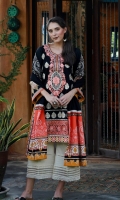 Dupatta : Dyed	1 Piece Shirt Front :	Dyed-Embroidered	1.25 meters Shirt Back :	Printed	1.25 meters Sleeves :	Printed	1 Pair Trouser: Dyed	2.5 Meters Neckline :	Embroidered	1 Piece Border :	Embroidered	1 Piece	 Dupatta Border : Printed	2 Pieces Dupatta Border : Printed	2 Pieces