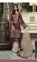 Shirt: Digital Printed Lawn Dupatta : Embroidered Net Sleeves : Digital Printed Lawn Trouser : Dyed Embroidery 1. Embroidered Gala 2. Embroidered Net Dupatta 3. Embroidered Border for Sleeves 4. Embroidered Daman for Front
