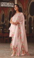 Shirt: Digital Printed Lawn  Dupatta: Embroidered Jacquard Sleeves: Digital Printed lawn Trouser: Dyed Embroidery 1. Embroidered Gala 2. Embroidered Dupatta  3. Embroidered Pallu for Dupatta