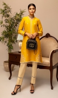 MUSTARD COTTON KURTA WITH BEIGE EMBOIDERY AND FINE FINISHING DETAILS. PLAIN COTTON PANTS WITH LACE FINISHINGS.