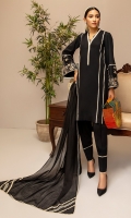 BLACK A-LINE KURTA WITH BEIGE EMBROIDERY AROUND THE SLEEVES HEM WITH LOVELY STITCHING DETAILS. KHARI SHALWAR WITH STITCHING DETAILS AROUND HEM. COTTON NET DUPPATA WITH LACE FINISHINGS.