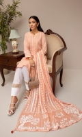 PEACH PINK PLEATED KURTA WITH FINE LACE FINISHINGS. WHITE SHALWAR WITH ORGANZA FINISHINGS. EMBOSS PRINTED SCENERY DUPPATA.