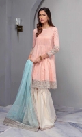 Dobby Lawn Peplum Frock With Embroidered Sleeves And Hem Paired With Matching Gharara And Embroidered Net Dupatta