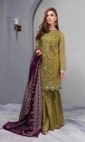 Green Embroidered Net Panelled Straight Shirt With Cotton Lawn Gharara And Jacquard Dupatta