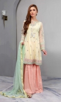 Net Panelled Frock With Embroidered And Sleeves Paired With Cotton Lawn Screen Printed Gharara And Net Dupatta