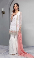 White Net Angrakha Dress With Embroidered Sleeves And Hem With Cotton Lawn Gharara And Chiffon Dupatta