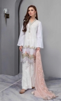 Straight Lawn Shirt With Embroidered Front And Chicken Sleeves Paired With Wide Leg Pants And Net Embroidered Dupatta