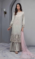 Self Printed Lawn Straight Long Shirt With Embroidered Border And Sleeves Paired With Self Print Gharara And Embroidered Net Dupatta