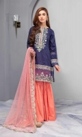 Panelled Straight Shirt With Organza Embroidered Border Neckline And Sleeves Paired With Cotton Lawn Gharara And Embroidered Net Dupatta.