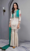 Embroidered Jacket Paired With White Lawn Straight Shirt With Organza And Laces Details And Cotton Lawn Gharara With Chiffon Crushed Dupatta