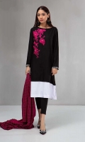 Shirt, trouser and shawl Linen shirt with knit border Embroidered motif on front Printed linen shawl Black tights
