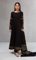 3 piece Shirt, trouser and dupatta Long linen frock with embroidered neckline and embroidered sleeves Velvet embroidered ghera border Jacquard dupatta Cambric trouser