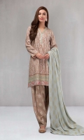 3 piece Shirt, trouser and shirt A line shirt with embroidered front and neckline Printed cambric shalwar Printed linen shawl