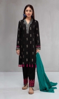3 piece Black Shirt, shalwar and dupatta Jacquard shirt with embroidered neckline and borders Khaddar embroidered shalwar Self-jacquard dupatta
