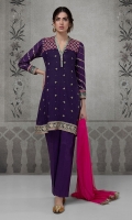 3 pcs A line lawn shirt with yoke Embroidered yoke sleeves and border Cotton trouser. Net dupatta.