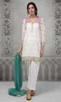 3 pcs A line lawn shirt with yoke Embroidered yoke sleeves and border Cotton trouser. Net dupatta