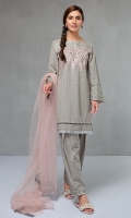 3 Piece Chikan shirt with embroidered neckline and sleeves Finished with pearls and kiran lace Cotton shalwar Net dupatta