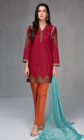 3 pcs Shirt trouser dupatta Lawn shirt with embroidered neck pati sleeves and borders Cotton trouser Net dupatta