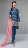 3 piece Shirt, Trouser and Dupatta Jacquard front open shirt with embroidered front and sleeves Cotton trouser Chiffon dupatta.