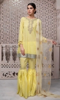 3 Piece Shirt, Gharara and Dupatta  Lawn shirt with embroidered neckline and sleeves Net embroidered dupatta Cotton gharara