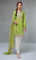 3 piece Shirt, Trouser and Dupatta  Lawn printed shirt with embroidered neck and border Cotton trouser Net embroidered dupatta