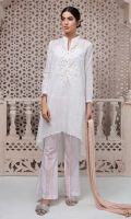 3 piece Shirt, Trouser and Dupatta Lawn self-printed a line shirt with embroidered neck Cotton printed trouser Self-lawn dupatta.