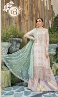 Lawn printed front & back Lawn printed sleeves 1 Embroidered lawn sleeves 2 Hand woven jacquard trouser Organza embroidered trouser patti Organza embroidered neck patti Organza embroidered gherapatti 1 Organza embroidered gherapatti 2 Net pearl printed dupatta Sateen printed dupatta pallu Organza embroiderd dupatta patti