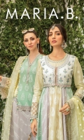 Cotton Satin embroidered koti (front &back) Lawn dyed yoke (front & back) Lawn embroidered sleeves Lawn embroidered panel 1 Lawn embroidered panel 2 Lawn embroidered panel 3 (left & right) Lawn printed panel 1 Lawn printed panel 2 Lawn printed panel 3 (left & right) Organza embroidered neckline Sateen embroidered koti neck (left & right) Sateen embroidered koti lace Organza embroidered sleeve patti 1 Organza embroidered sleeve patti 2 Organza embroidered gherapatti Hand woven organza jacquard dupatta Cambric printed trouser