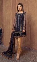 3 piece Shirt, trouser and dupatta Fully embroidered net angrakha with embellished hem Tissue trouser. Net embroidered dupatta