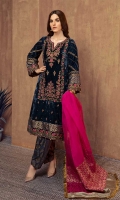3 pieces Shirt, trouser and dupatta Velvet kashmiri cut fully embroidered shirt Embroidered sleeves Embellished front and hem Jacquard shalwar organza dupatta
