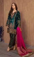3 pieces Shirt, trouser and dupatta Velvet Kashmiri cut fully embroidered shirt Embroidered sleeves Embellished front and hem Jacquard shalwar Organza dupatta.