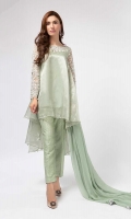 3 Piece Shirt, Trouser And Dupatta  Tissue Aline Front Short Back Long Shirt Embellished And Embroidered Neackline And Sleeves Jacquard Trouser  Chiffon Dupatta