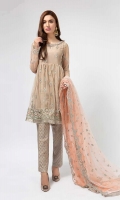 3 Piece Shirt, Trouser And Dupatta Net Fully Embroidered Short Length Frock Embellished Neckline Jacquard Pants  Fully Embroidered Net Two Toned Dupatta