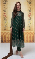 3 piece Shirt, trouser and dupatta Chiffon fully tilla embroidered long frock finished with sequence and tilla balls Raw silk pants  Chiffon dupatta