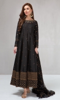 3 piece Frock, trouser and dupatta Fully embroidered Raw silk full length frock Embellished sleeves, neckline and hem Raw silk trouser Net embroidered dupatta