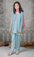 3-piece shirt trouser and dupatta Blue net open shirt with embroidered pati on neck, sleeves and hem Blue grip undershirt and trouser Pink chiffon dupatta Embellished with kiran lace